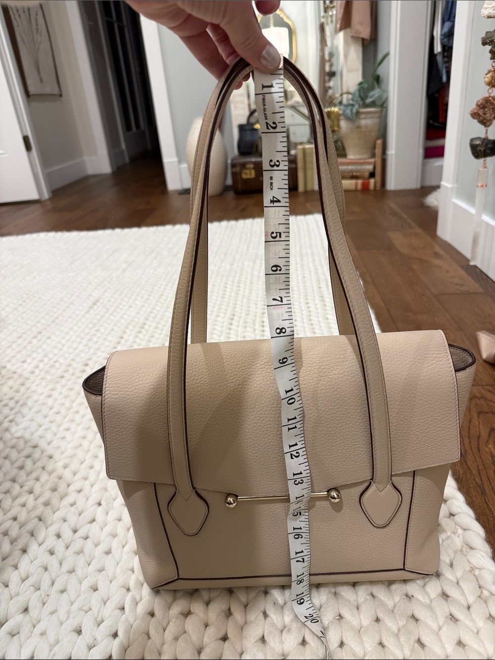 Strathberry Taupe Textured Leather Shoulder Bag with Gold Bar - Picture 7 of 9